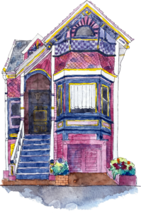 A pink and purple Victorian house
