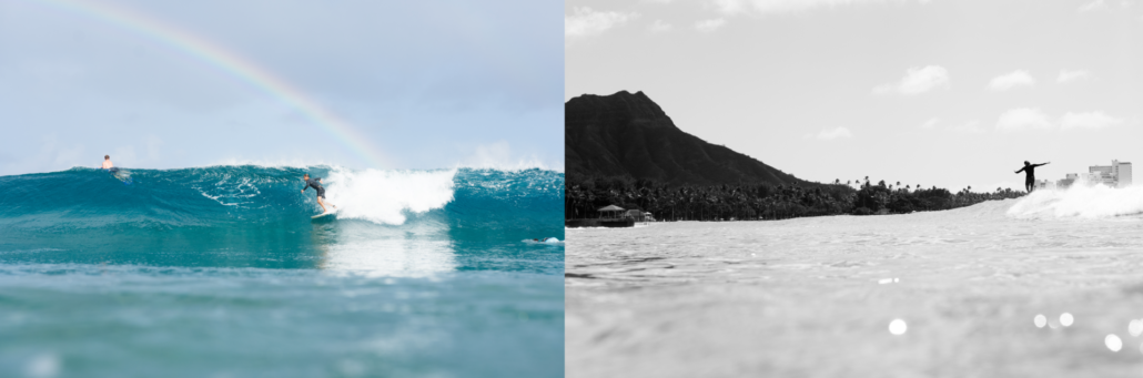 Two photographs of surfers in Hawaii -- one in color and one in black and white
