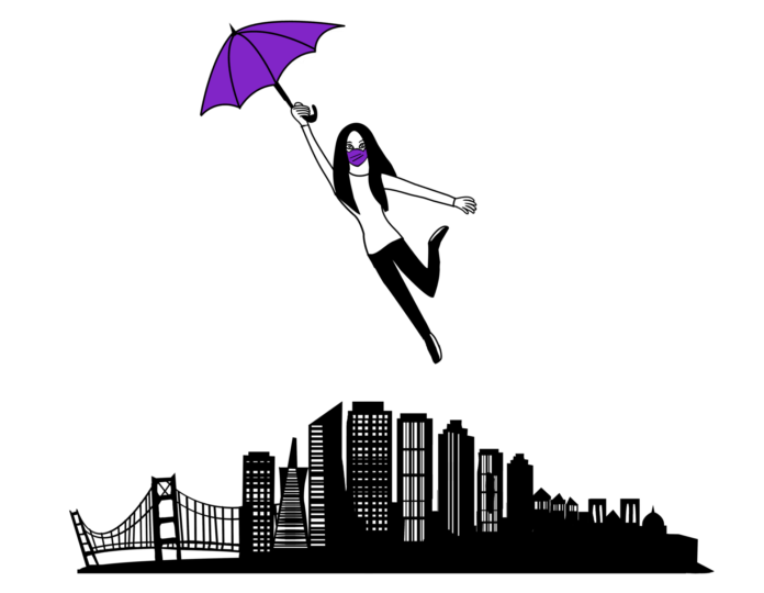 A woman holding an umbrella floating over the city of San Francisco