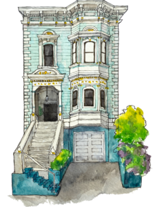 A baby blue Victorian house