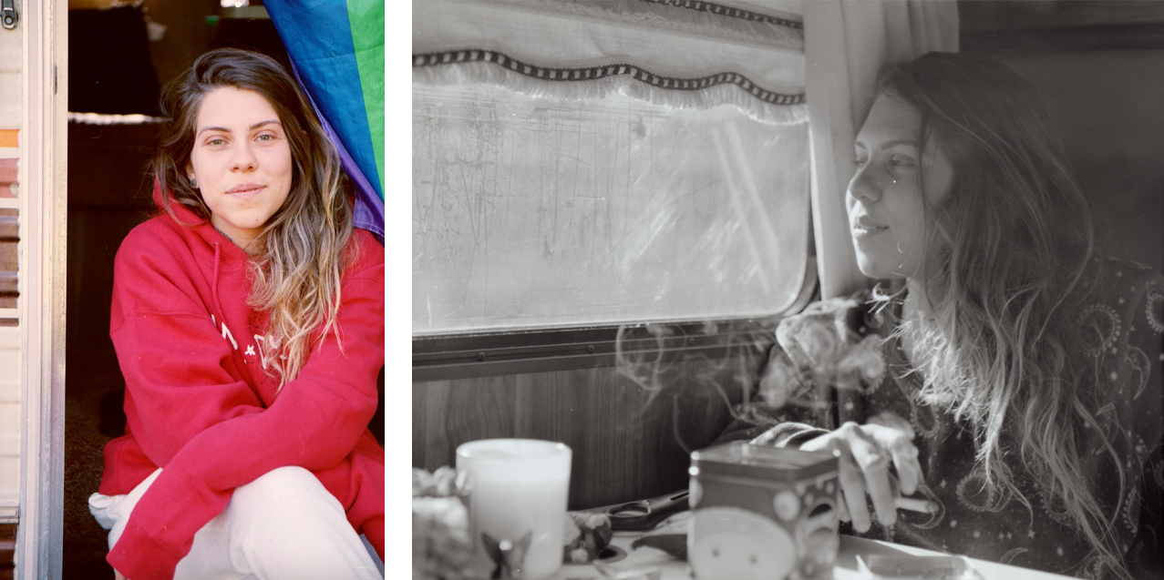 (Left) Woman sitting in the doorway of her RV. (Right) Same woman smoking a cigarette at her RV kitchen table, staring out the window