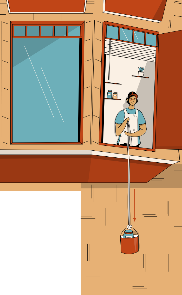 Illustration of a home cook lower a red bucket of kimchi for his customers.