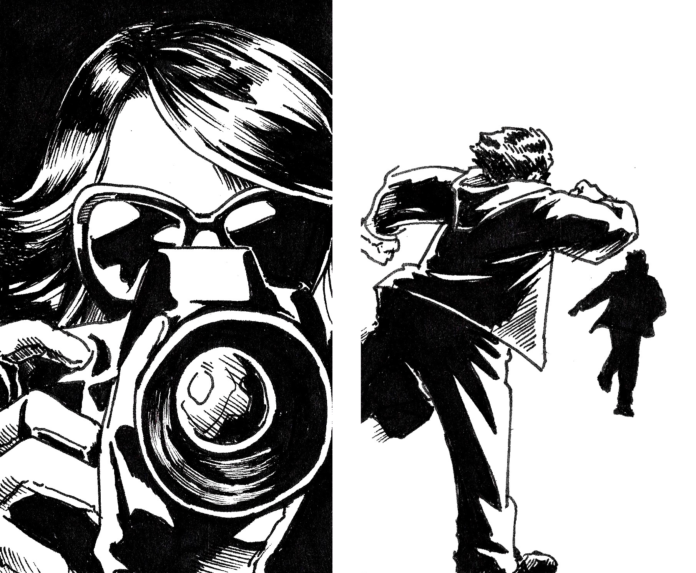 2-panel black and white illustration. Panel 1 is a close-up of a woman with big sunglasses and camera lens covering her face. Panel 2 is of a man chasing a person in silhouette.
