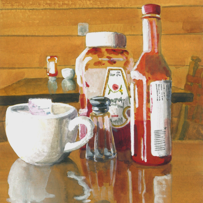 Watercolor illustration of a coffee cup and other condiments as well as their reflections on a shiny wood table