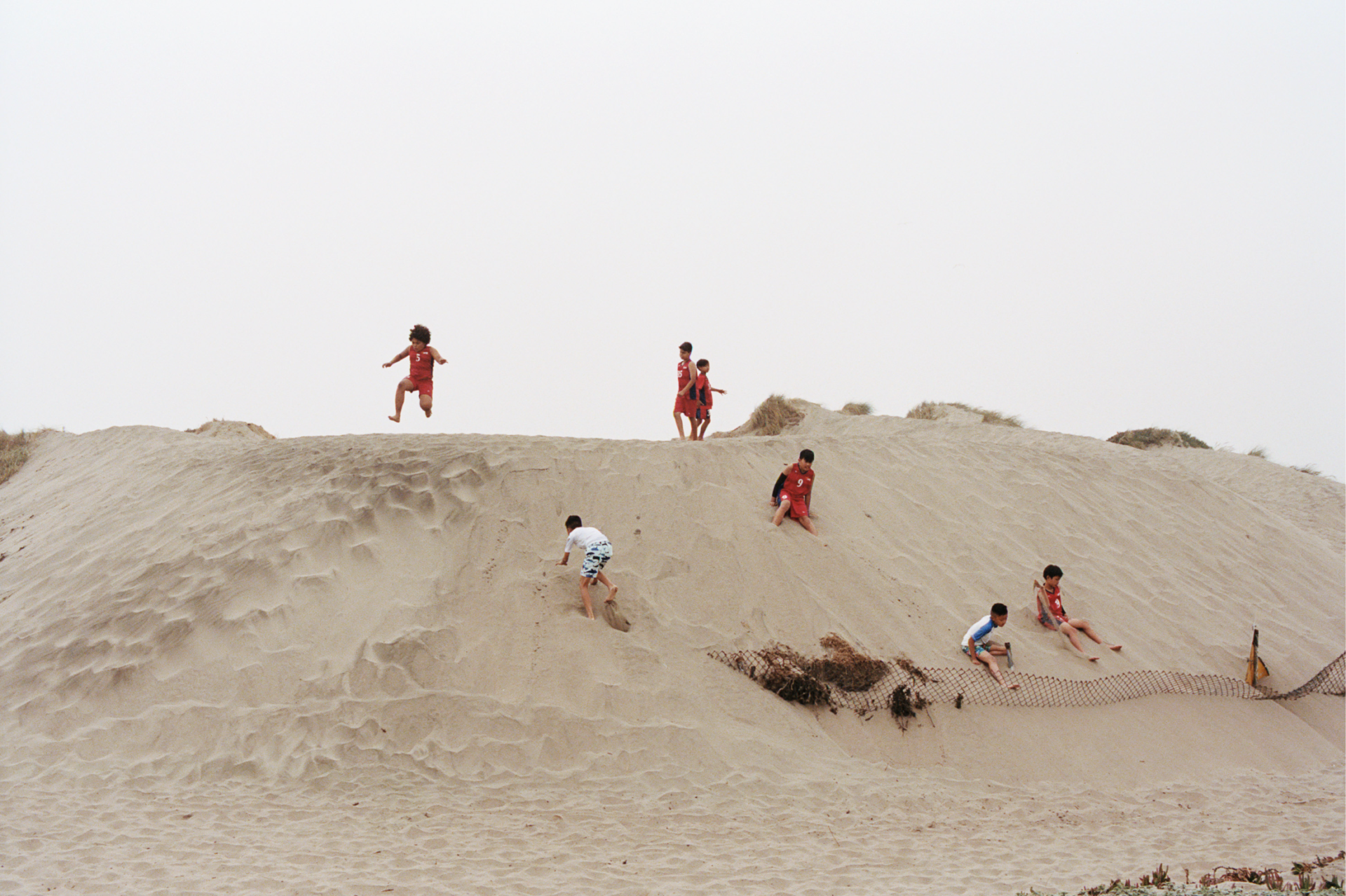 Photograph of six kids playing on a sand dune hill at Ocean Beach