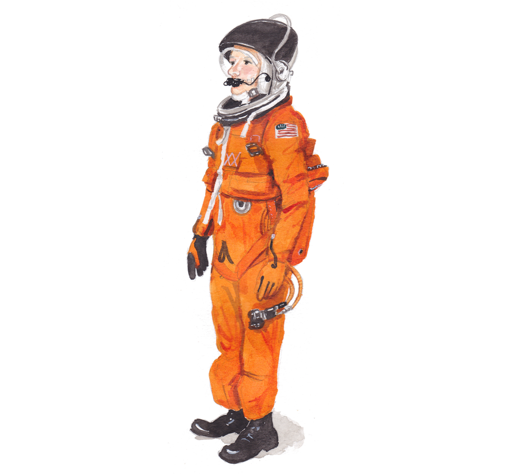 Illustration of an astronaut wearing a bright orange suit