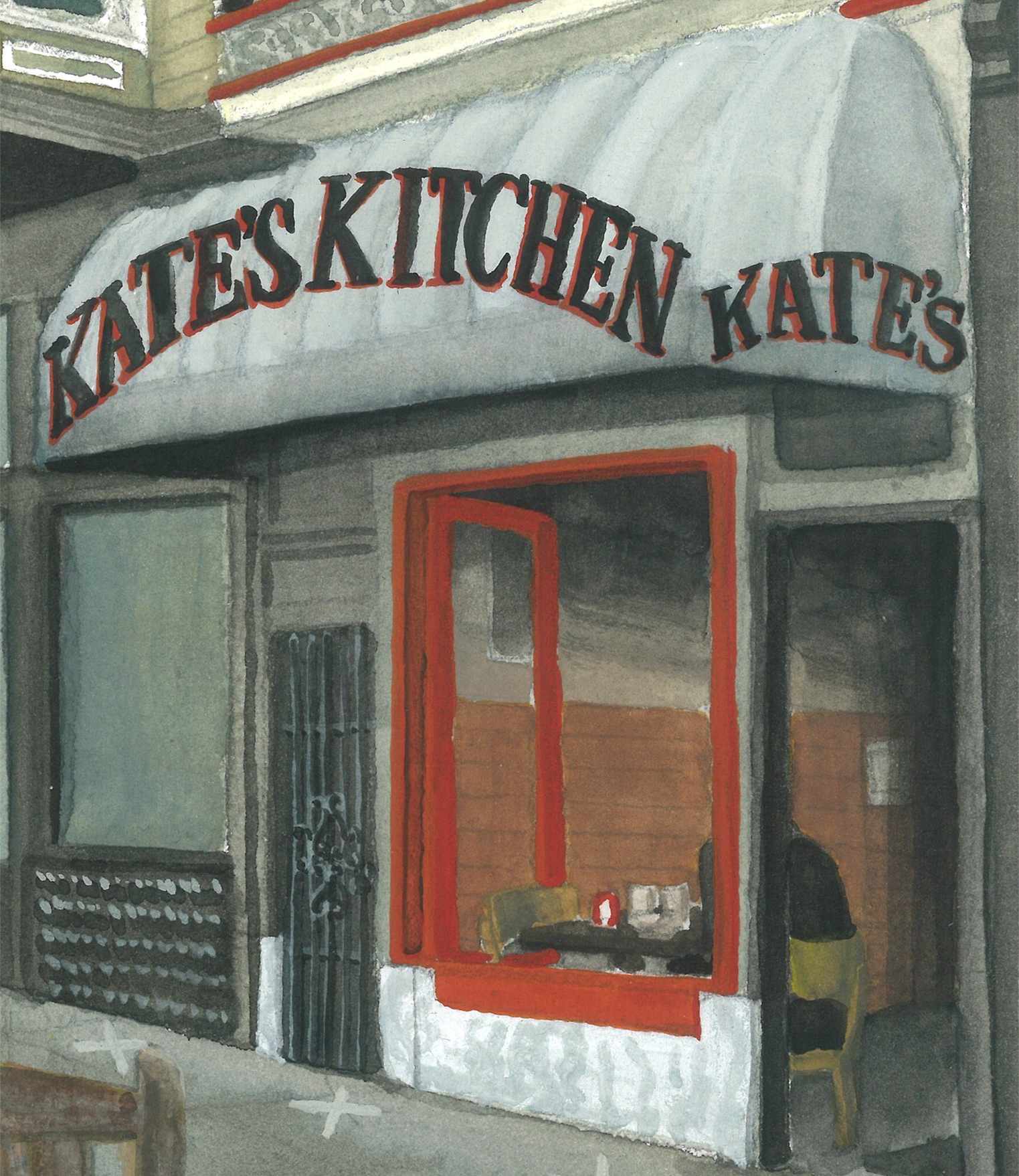 Watercolor illustration of Kate's Kitchen's storefront