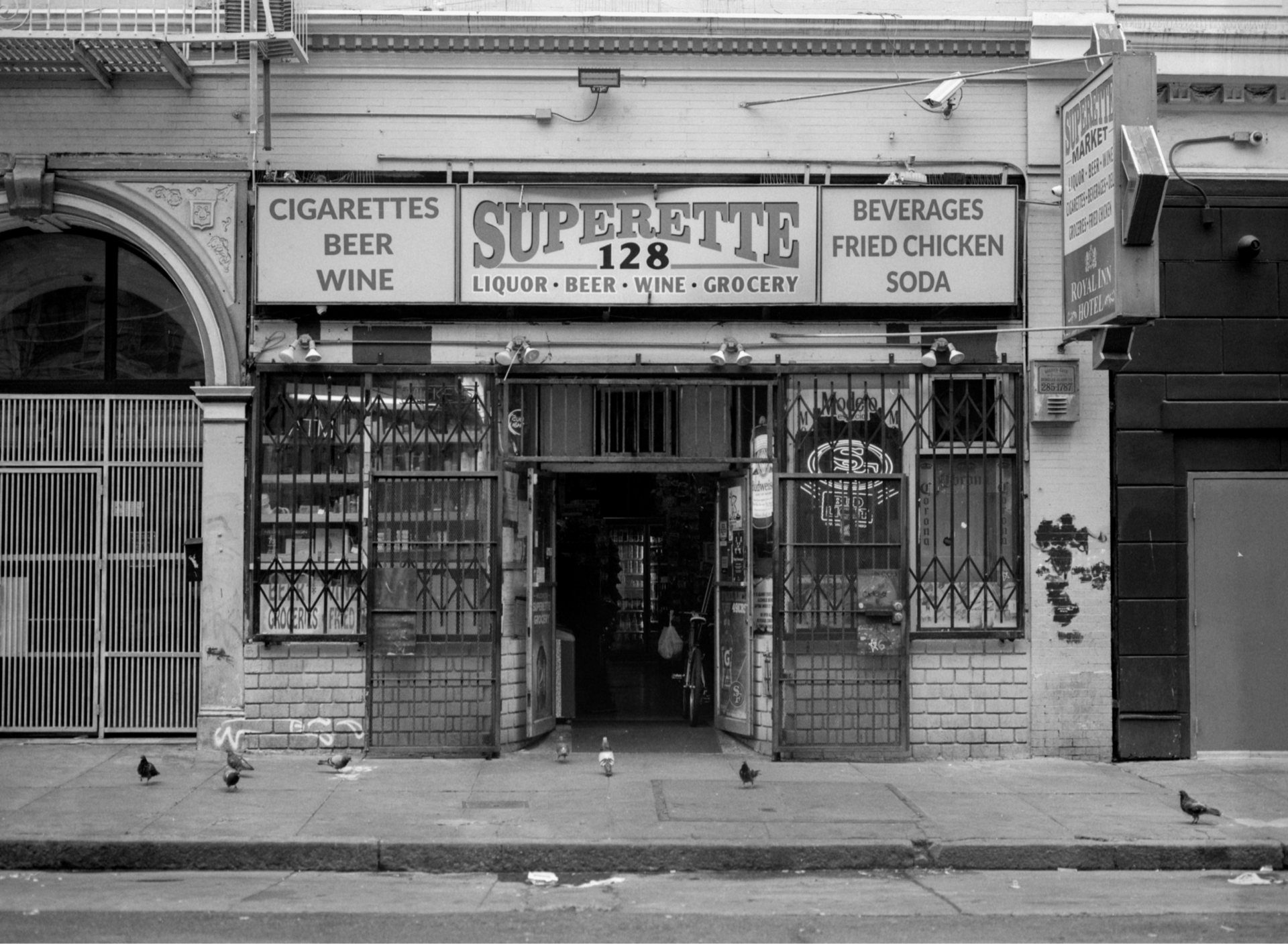 A black and white photograph of the Superette storefront in San Francisco