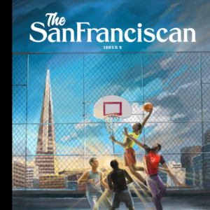 Issue 5 cover of four people playing basketball on a wet outdoor court in San Francisco with the Transamerica Pyramid Building and the sun rising in the background