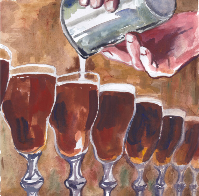 An illustration of a set of hands topping a line of Irish Coffee glasses off with cream