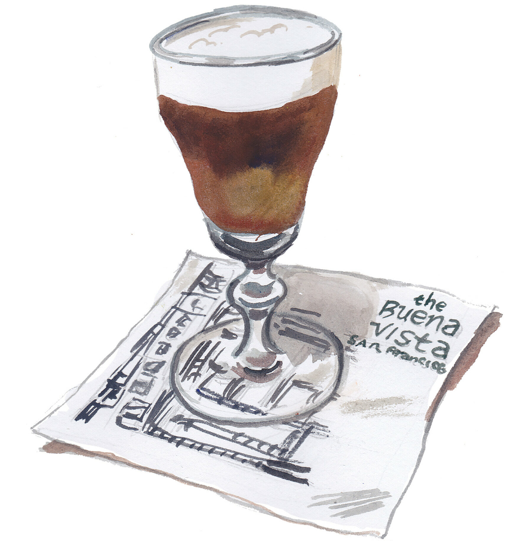 An illustration of a glass of Irish Coffee resting on top of a Buena Vista napkin
