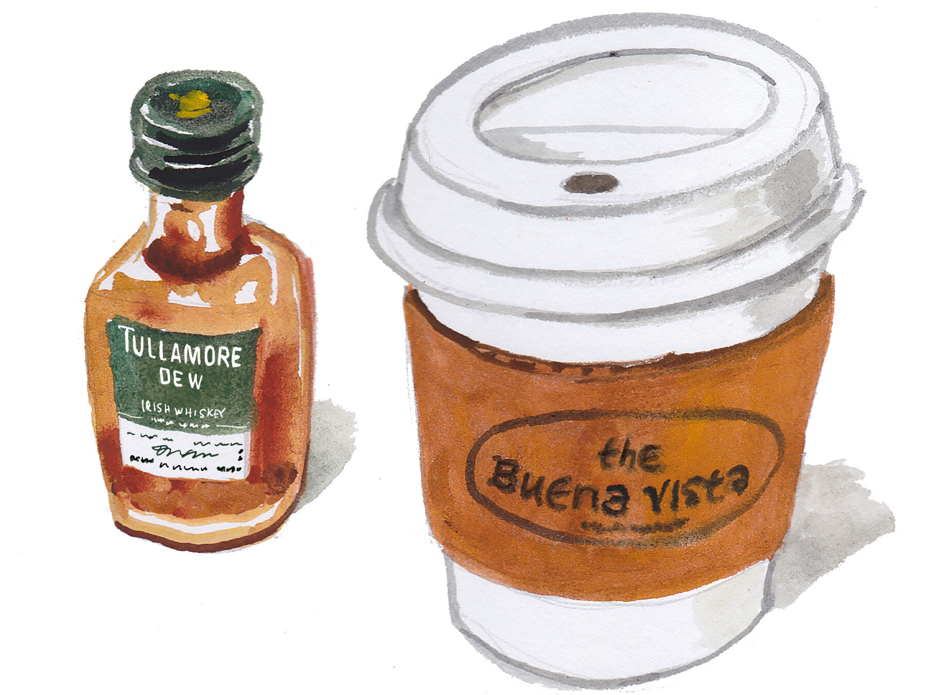 An illustration of a tiny liquor whiskey bottle next to a to-go cup of coffee