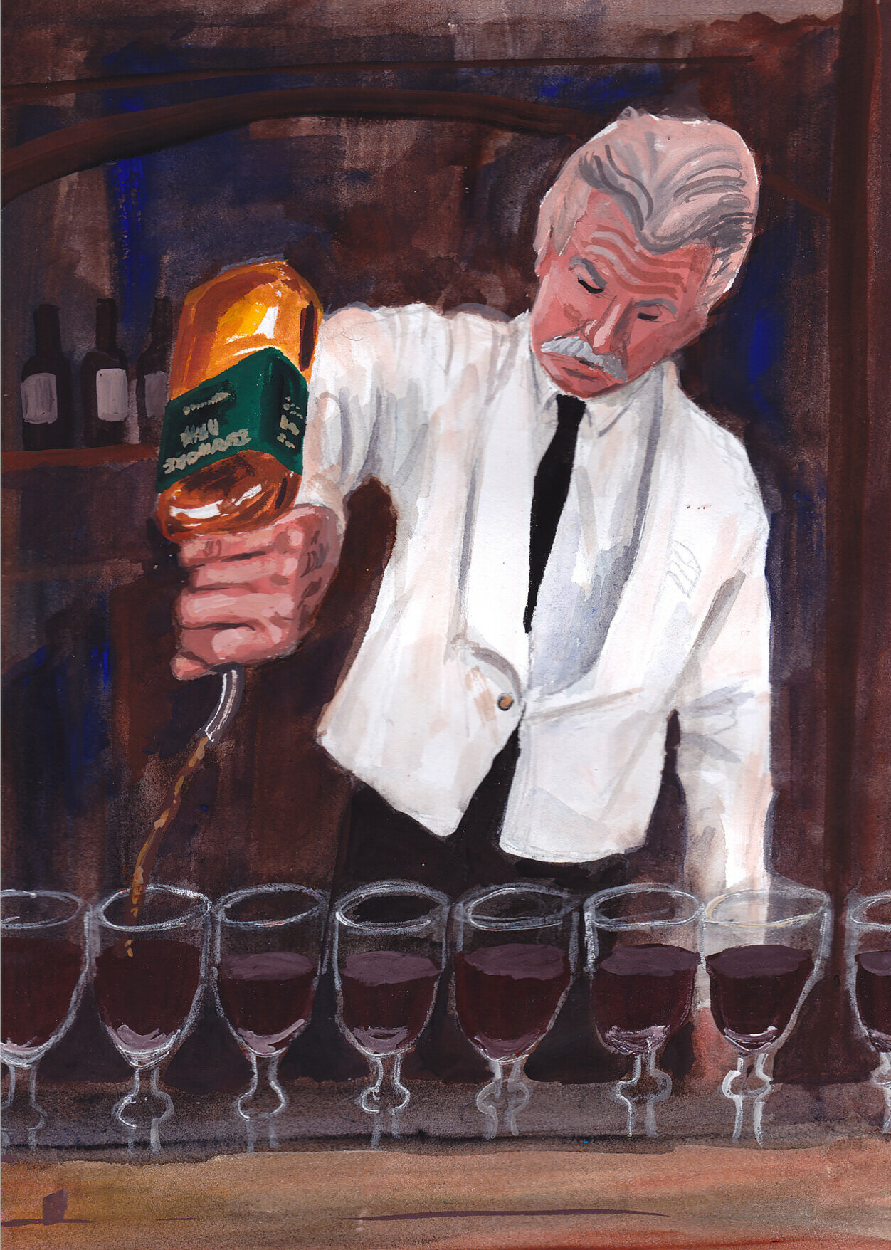 An illustration of a bartender in a white blazer pouring whiskey into a line of Irish Coffees