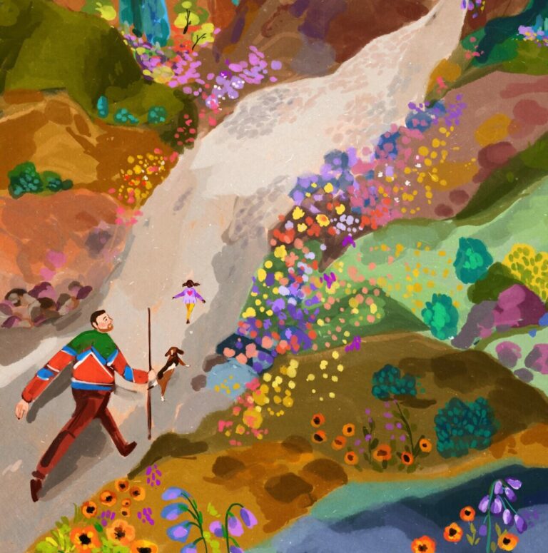 Illustration of a man walking on a trail with his dog, surrounded by colorful wildflowers.