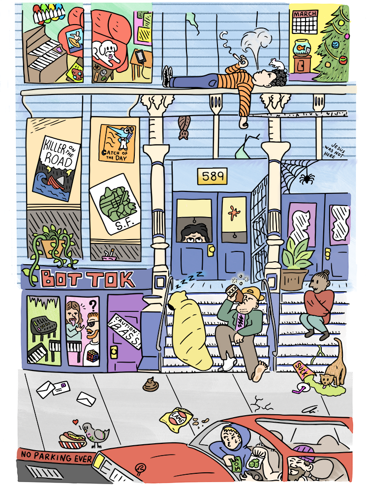 Cartoon of Armando's apartment on Haight St & Steiner St.