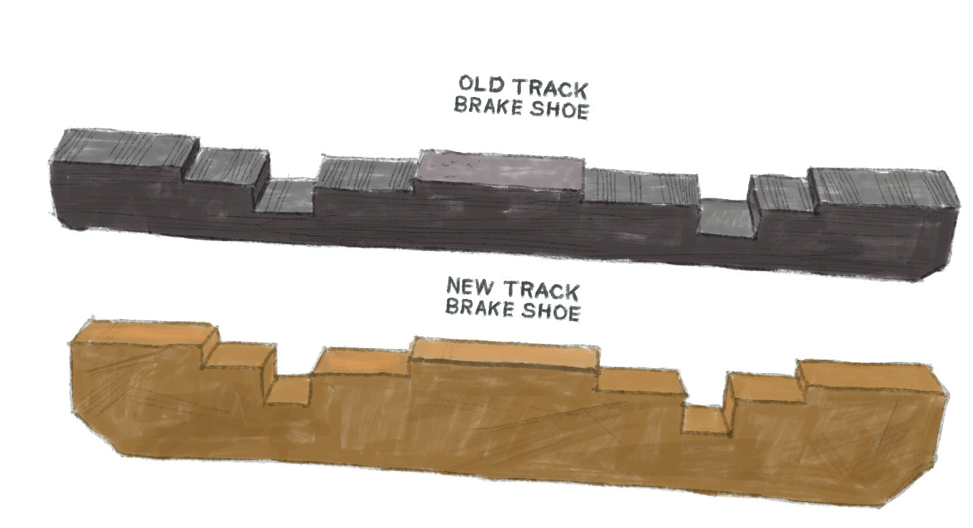 An illustration of a new pinewood cable car brake vs a use pinewood cable car brake.