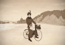 Illustration of Margaret LeLong on her bike.