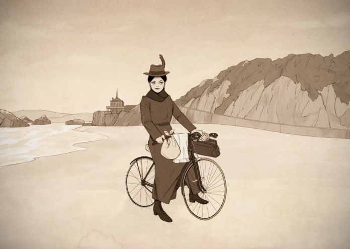 Illustration of Margaret LeLong on her bike.
