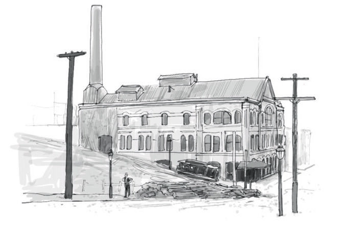 A black and white illustration of the cable car museum.