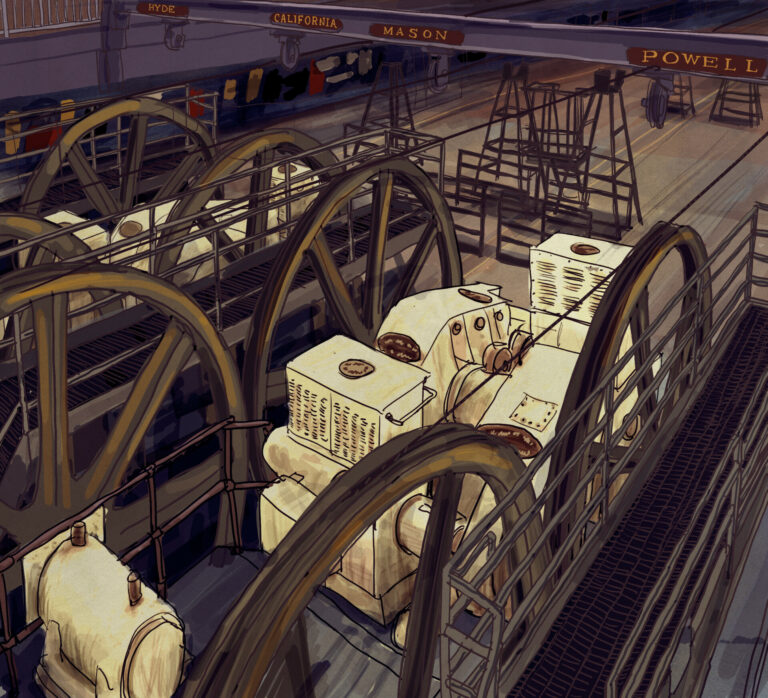 An illustration of the inner workings of the cable car system.