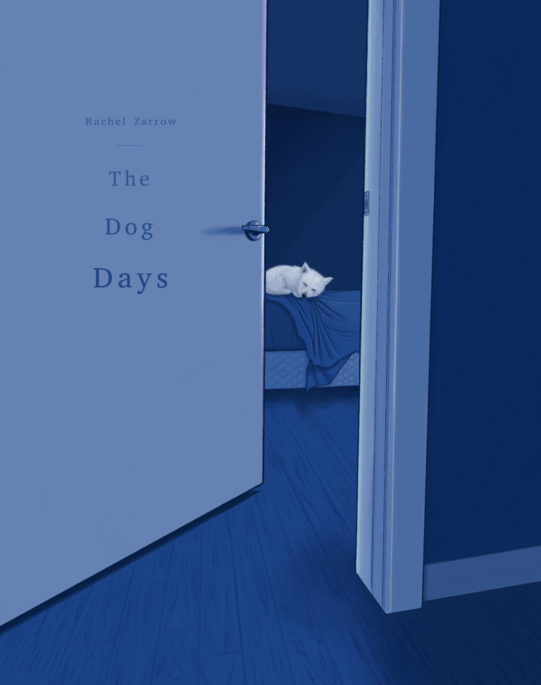 A blue tinted illustration reveals a white dog laying on a bed behind a cracked bedroom door.